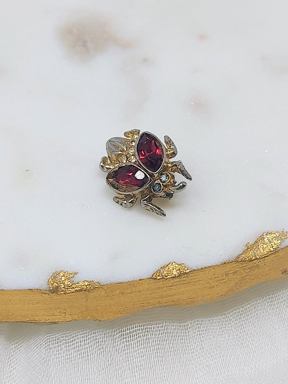 Vintage Signed Coro Beetle Brooch Pin Red Rhinestone Scarab Bug Gold Tone